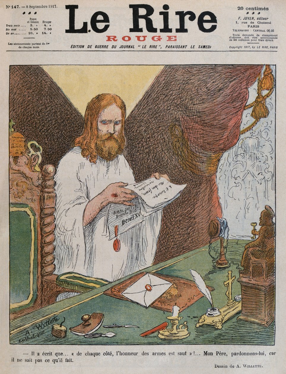 Ježíš Kristus čte mírový plán vydaný papežem Benediktem XV., ilustrace na přední straně obálky z „Le Rire Rouge“, 8. září 1917 od Adolphe Leon Willette