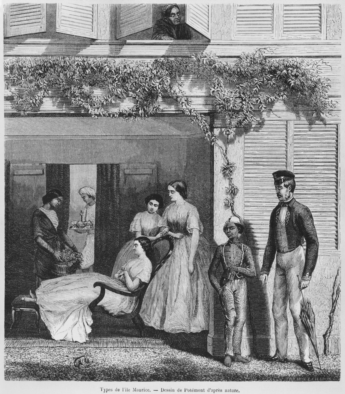 Evropané a obyvatelé Mauricia, asi 1857 (čb. rytina) od Adolphe Martial Potemont