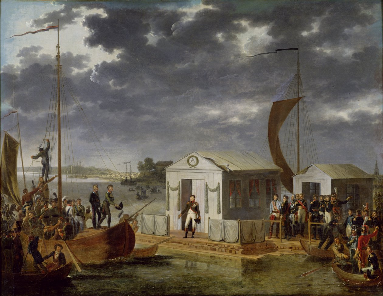 Setkání mezi Napoleonem Bonapartem (1769-1821) a Alexandrem I. (1777-1825) z Ruska v Niemenu, 25. června 1807, 1808 od Adolphe Roehn