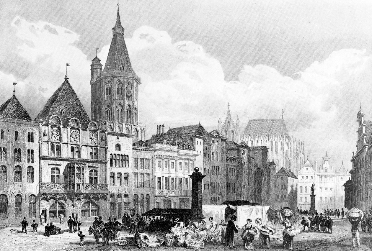 Alter Markt (Kolín nad Rýnem) s radnicí a radniční věží. V pozadí stále nedokončená kolínská katedrála od Adolphe Rouargue