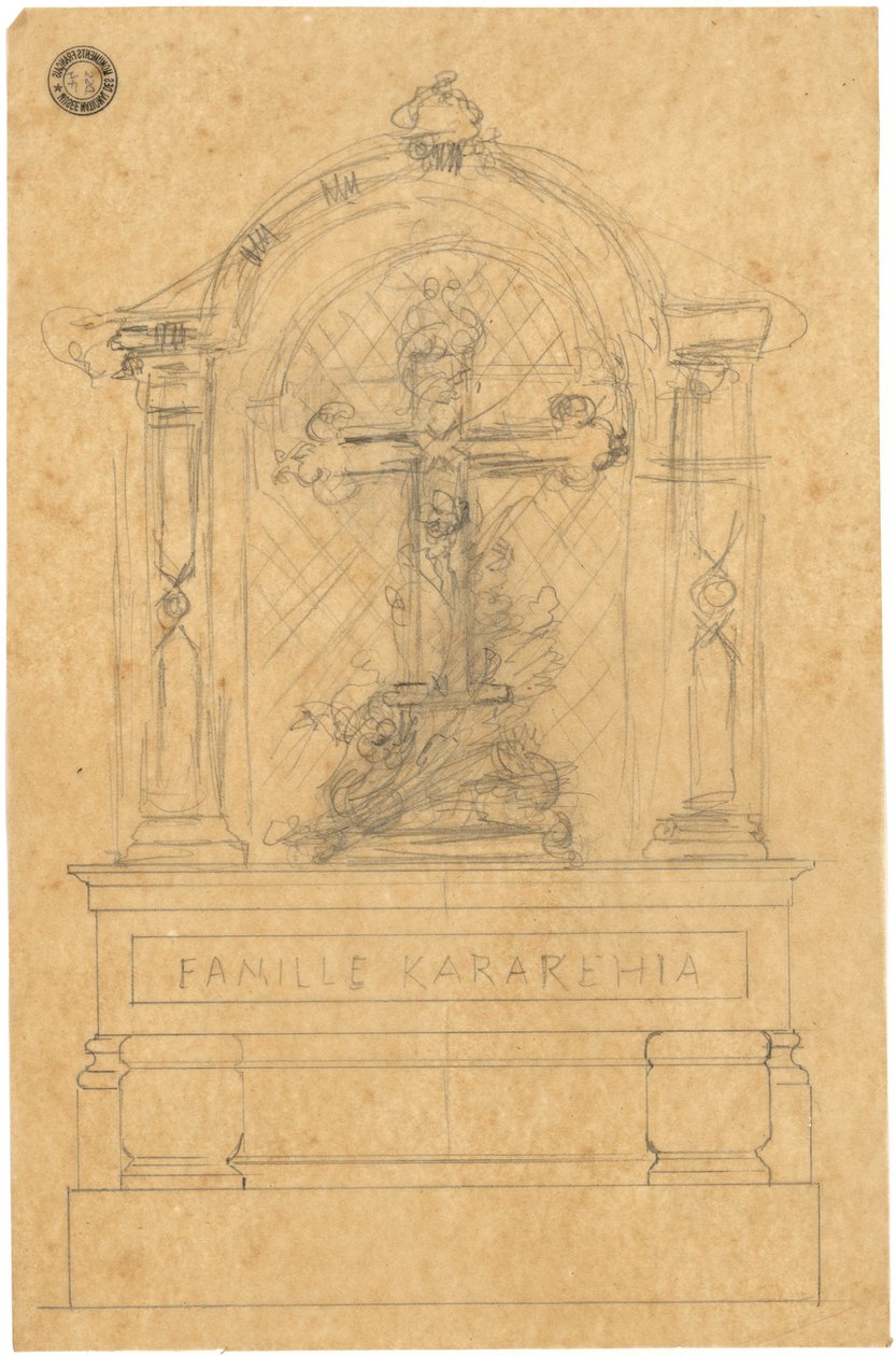 Náčrt hrobky pro rodinu Karakehia na pařížském hřbitově Père Lachaise od Adolphe Victor Geoffroy Dechaume