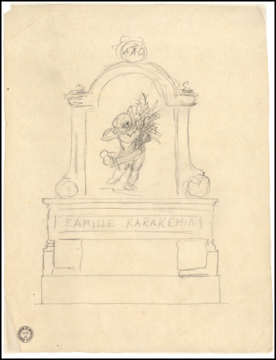 Náčrt hrobky pro rodinu Karakehia na pařížském hřbitově Père Lachaise od Adolphe Victor Geoffroy Dechaume