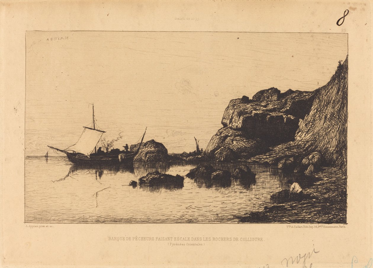 Rybářská loď zastavuje ve skalách Collioure od Adolphe Appian