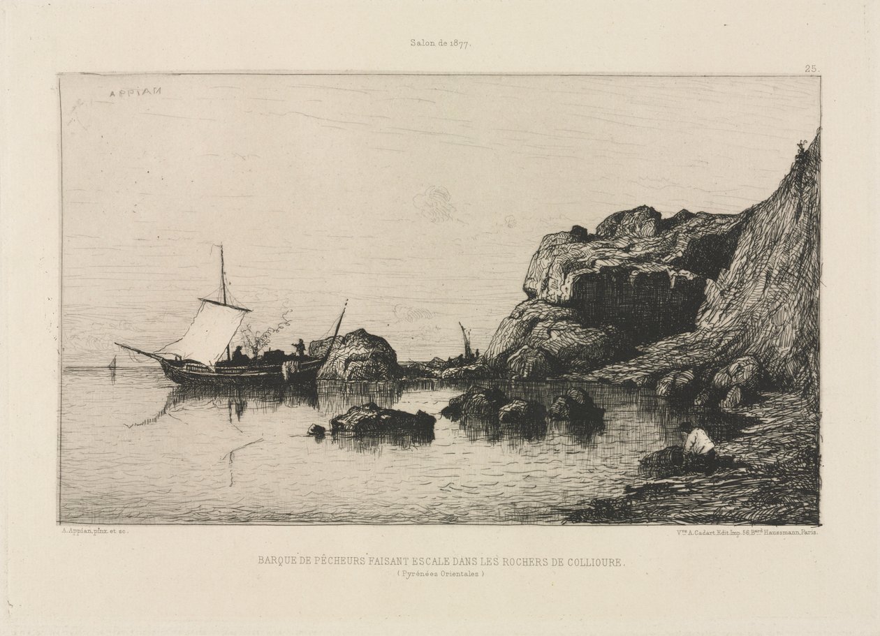 Rybářská loď, která zastavuje ve skalách Collioure, 1878. od Adolphe Appian