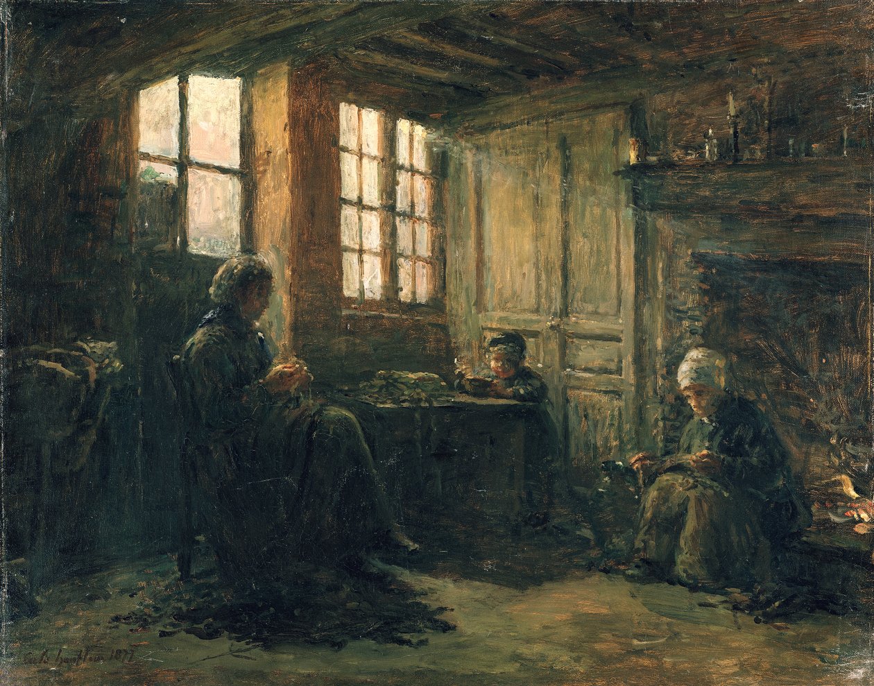 Ženy třepí prádlo, Honfleur, 1877 od Adolphe Felix Cals