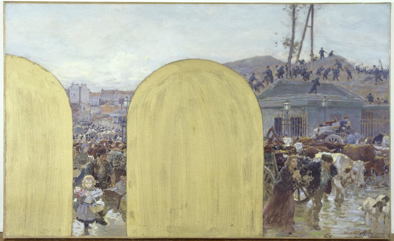 Skica pro kabinet prefekta pařížského Hôtel de Ville: Návrat obyvatel předměstí do Paříže: Obléhání Paříže v roce 1870, 1895 (olej na plátně) od Adolphe Gustave Binet