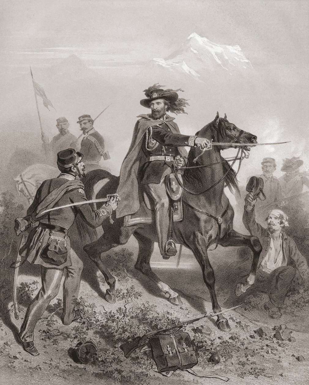 Giuseppe Garibaldi v bitvě u Varese. (tisk) od Adolphe Jean-Baptiste (after) Bayot