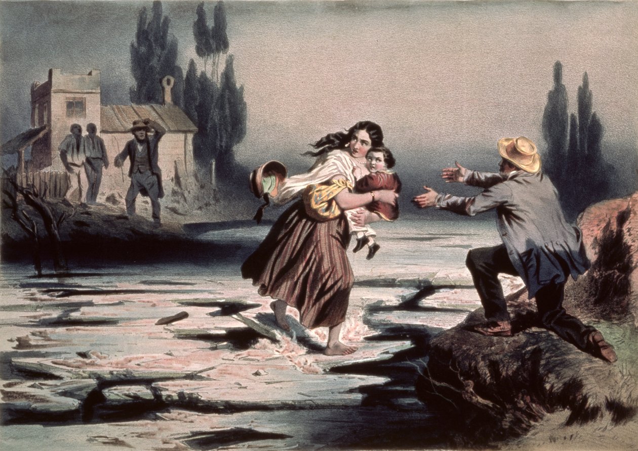 Eliza překračuje ledové kry řeky Ohio ke svobodě, ilustrace z „Kabiny strýčka Toma“ od Harriet Beecher Stowe, vyryto Charlesem Bourem (1814-81) (litho) (viz také 90903) od Adolphe Jean Baptiste (after) Bayot