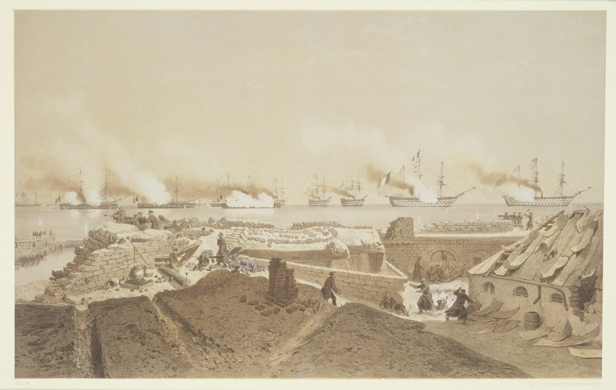 Bombardování Kil-Bourounu u ústí řeky Dněpr francouzskou flotilou, z přívěsku Nos Souvenirs de Kil-Bouroun LHiver passe dans Le Liman du Dnieper, 1855-56, vyryl Eugene Ciceri (1 od Adolphe Jean Baptiste Bayot and Antoine Leon Morel Fatio