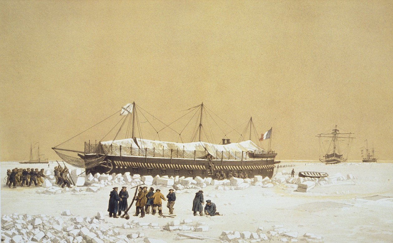 Plovoucí baterie La Tonnante v ledu před Kil-Bourounem, z Nos Souvenirs de Kil-Bouroun během LHiver passe dans Le Liman du Dnieper, 1855-56, rytina Eugena Ciceriho (1813-90) publikovaná kolem 18. od Adolphe Jean Baptiste Bayot and Antoine Leon Morel Fatio