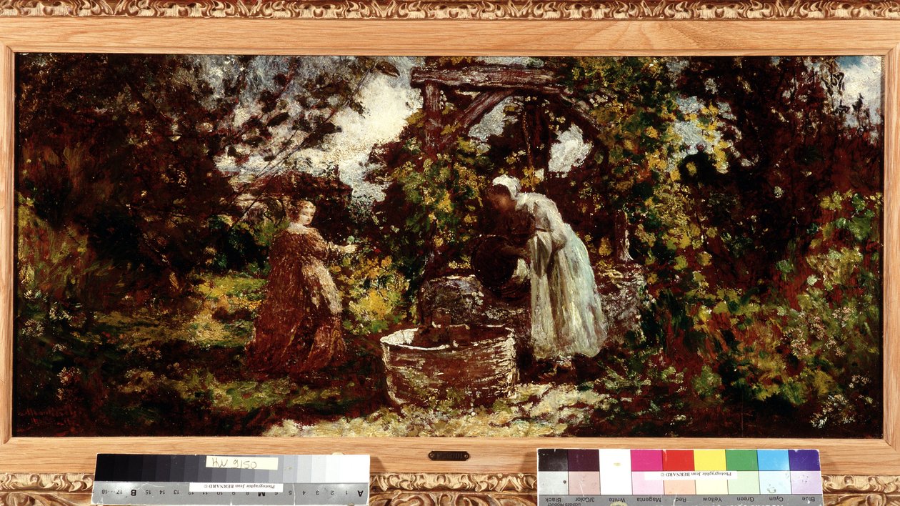 Elegantní a její služebná u studny Obraz Adolphe Monticelli (1824-1886) Dim. 34,5x69,5 cm Povinná zmínka: Sbírka zakládání pozdravů z Provence, Marseille od Adolphe Joseph Thomas Monticelli