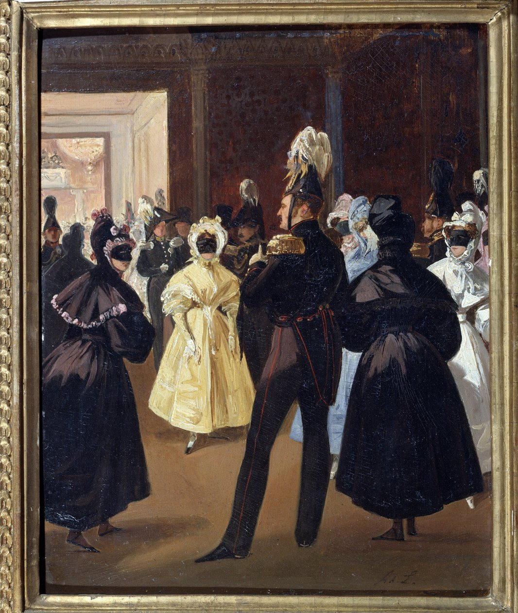 Ruský císař Alexandr I. (1777-1825) na maškarním plese (císař Alexandr I. na maškarním plese). Slavnostní recepce ruské aristokracie 19. století. Obraz Adolphe Ladurner (1798-1856), olej na plátně, kolem roku 1830. Francouzské umění 19. století od Adolphe Ladurner