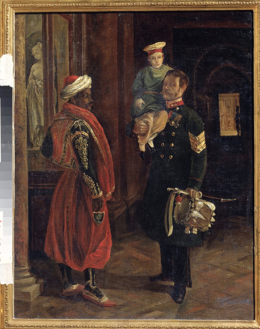 Scéna U Dvora. Obraz Adolphe Ladurner (1798-1856), olej na plátně, kolem roku 1840. Francouzské umění 19. století. Státní muzeum války a historie Borodino, Moskva. od Adolphe Ladurner