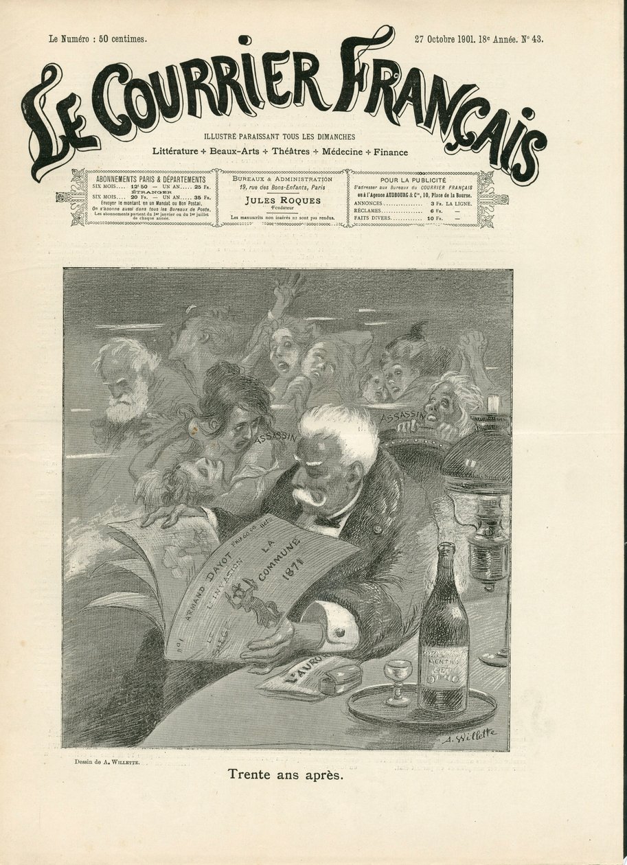 Obálka “” Le Courrier francais””, číslo 43, satirický v ČB od Adolphe Leon Willette