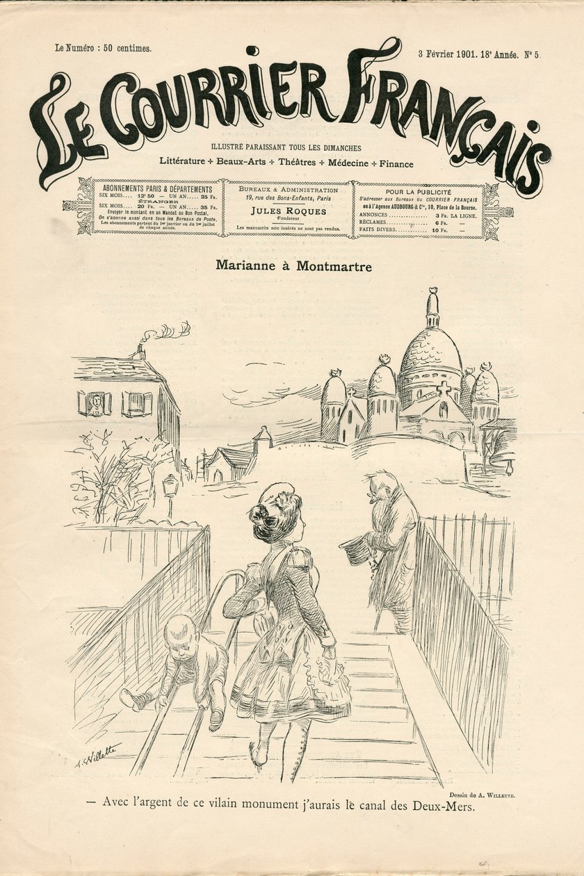 Obálka "" Le Courrier francais "", číslo 5, satirický černobílý od Adolphe Leon Willette