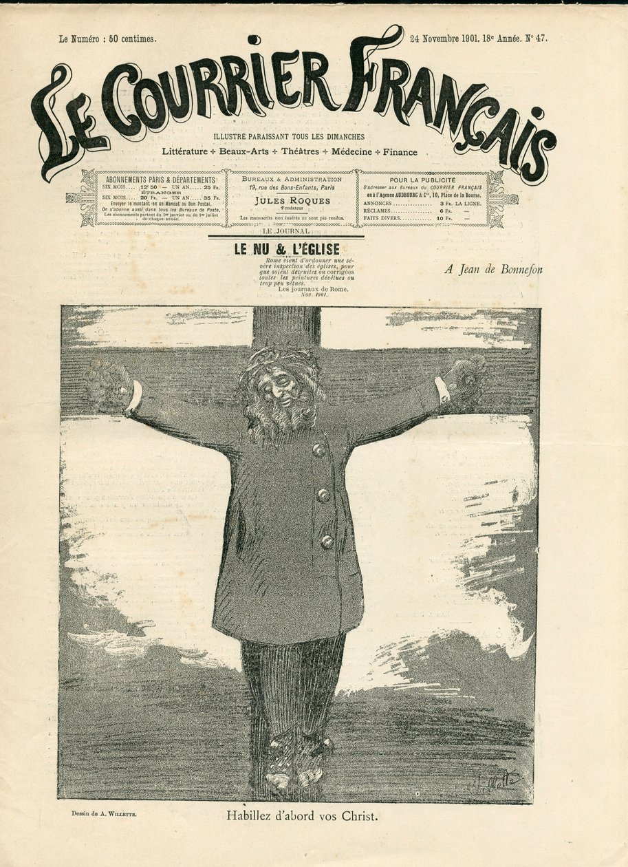 Obálka "The Courier francais"", číslo 47, satirická černobílá od Adolphe Leon Willette