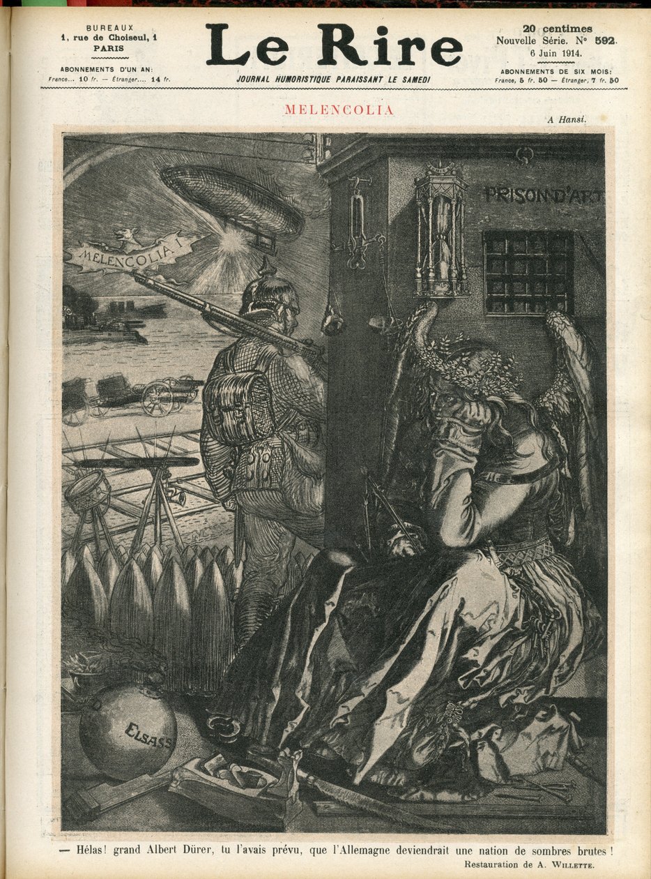 Ilustrace Adolphe dit Willette (1857-1926) pro obálku Le Lire, 6. 6. 2014 - „“ Helas, skvělý Alberte Durere, předpověděl jsi, že se Německo stane zemí temných surovců! "" - Melancolia - Válka, Německo Prusko - Durer od Adolphe Leon Willette
