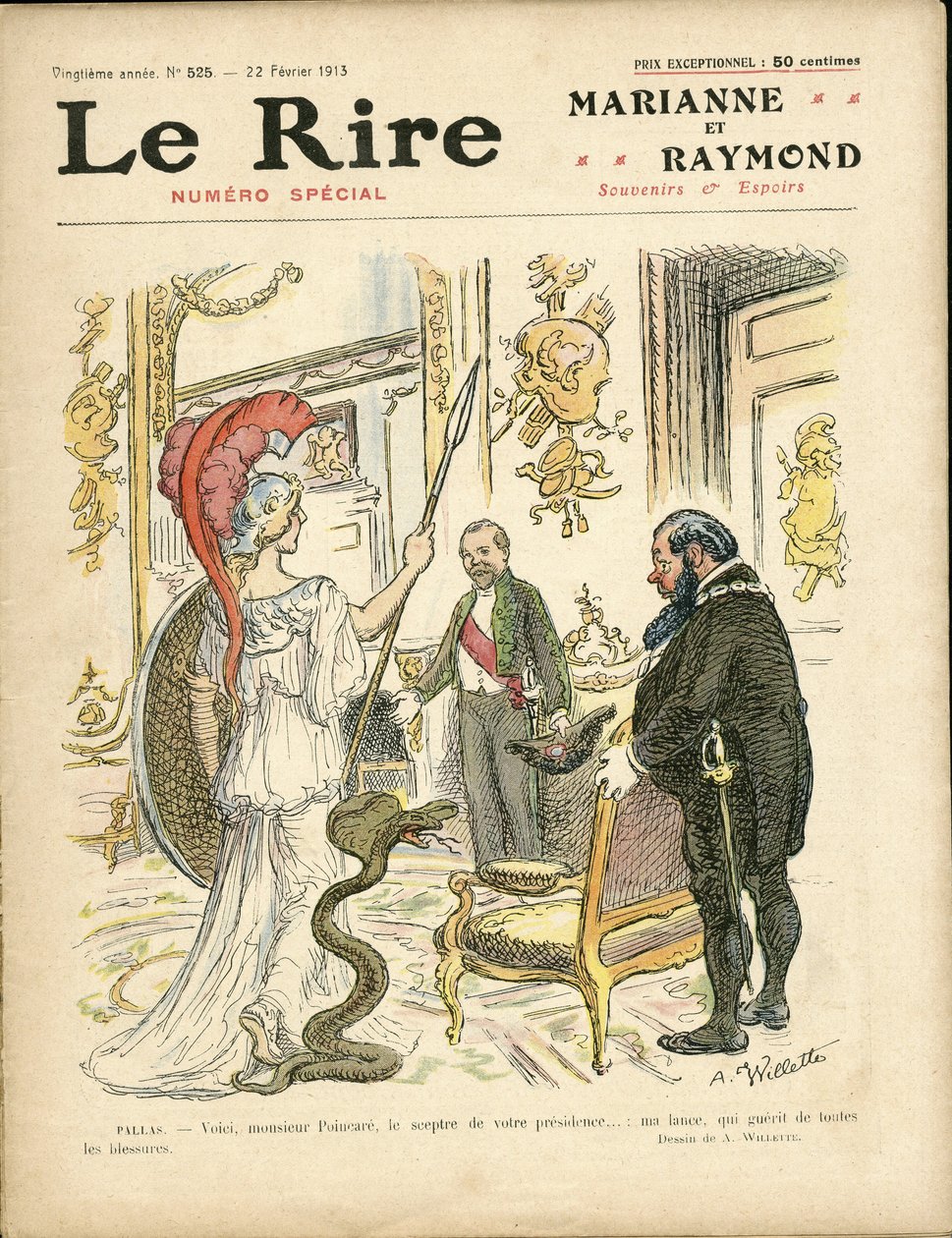 Ilustrace Adolphe dit Willette (1857-1926) pro obálku Le Rire, 22/02/13 - Prezident republiky, Klobouk, Elysee, Křeslo (symbol moci) - Poinscare Raymond od Adolphe Leon Willette