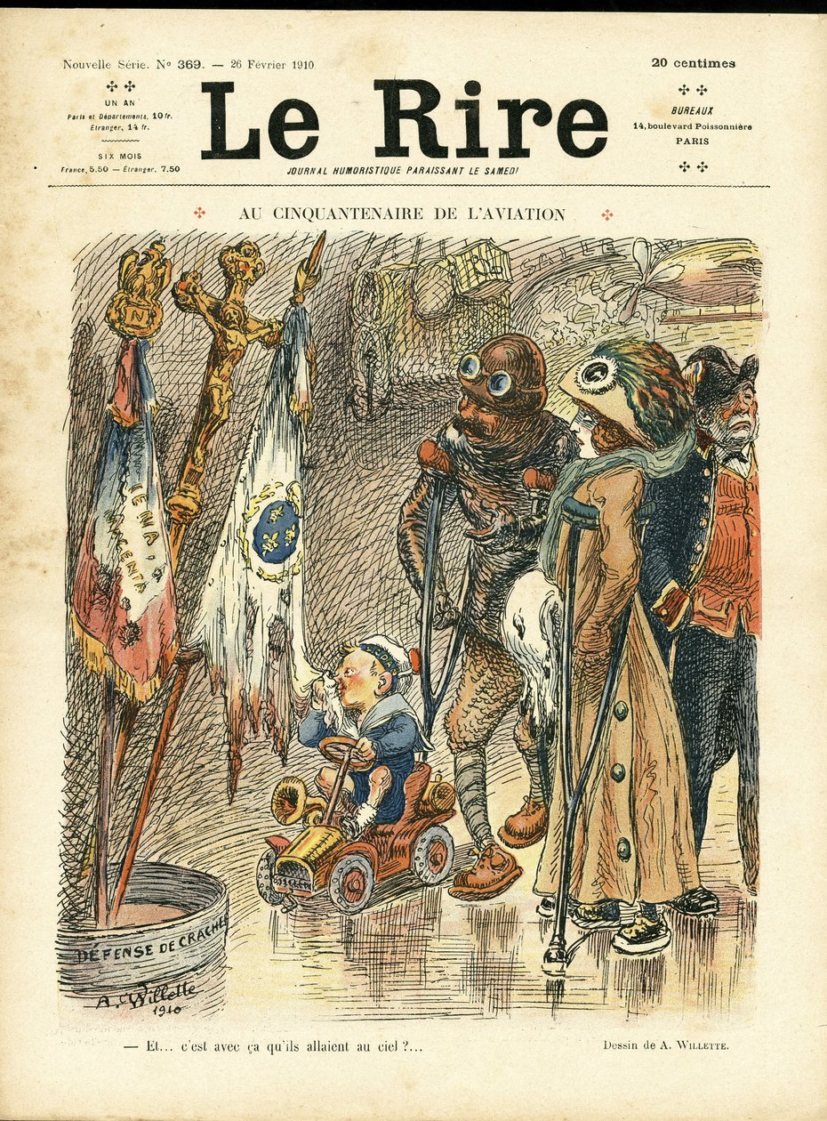 Ilustrace Adolphe dit Willette (1857-1926) pro obálku Le Rire, 26. 2. 10 - K padesátému výročí letectví - letectví, móda, klobouk, nehody, katastrofy od Adolphe Leon Willette
