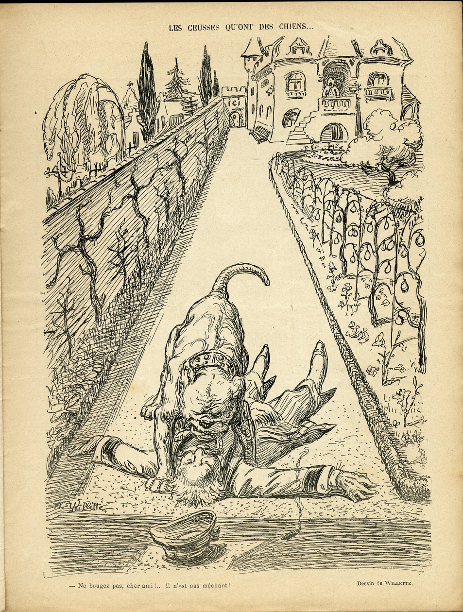 Ilustrace Adolphe dit Willette (1857-1926) v Le Rire, 27.02.09 - Les ceusses que on des chien - Urbanismus architektury, Zvířata - Pes, Pitt-Bull od Adolphe Leon Willette