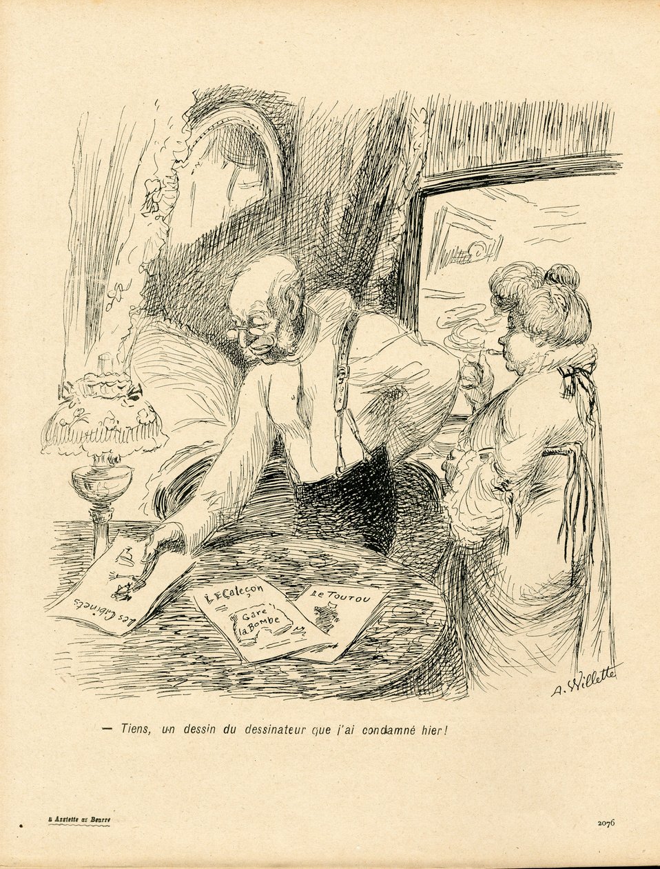 Máslový talíř, číslo 123, satirický, barevný od Adolphe Leon Willette