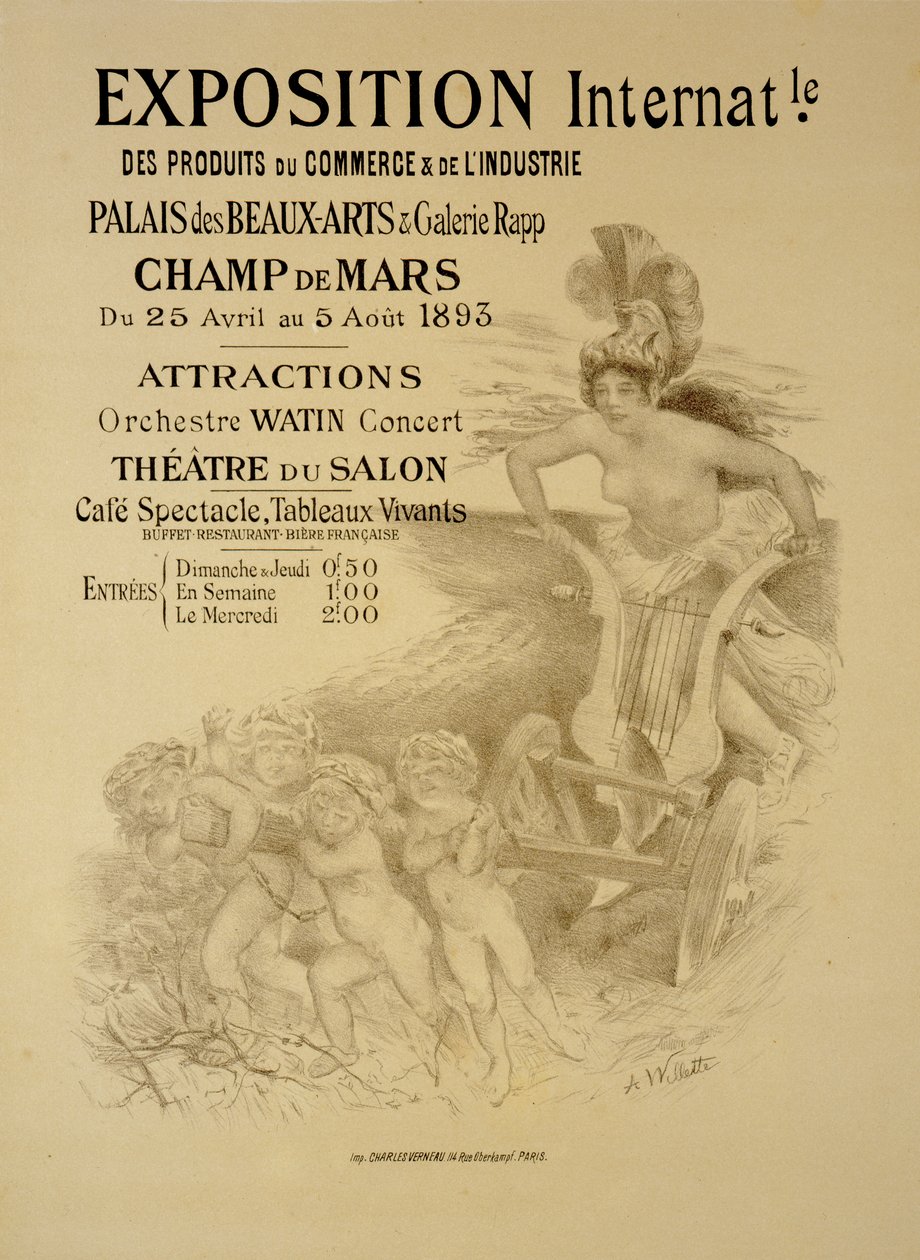 Reprodukce plakátu propagujícího mezinárodní výstavu komerčních a průmyslových výrobků, Palais des Beaux-Arts a Galerie Rapp, Champ de Mars, Paříž, 1893 od Adolphe Leon Willette