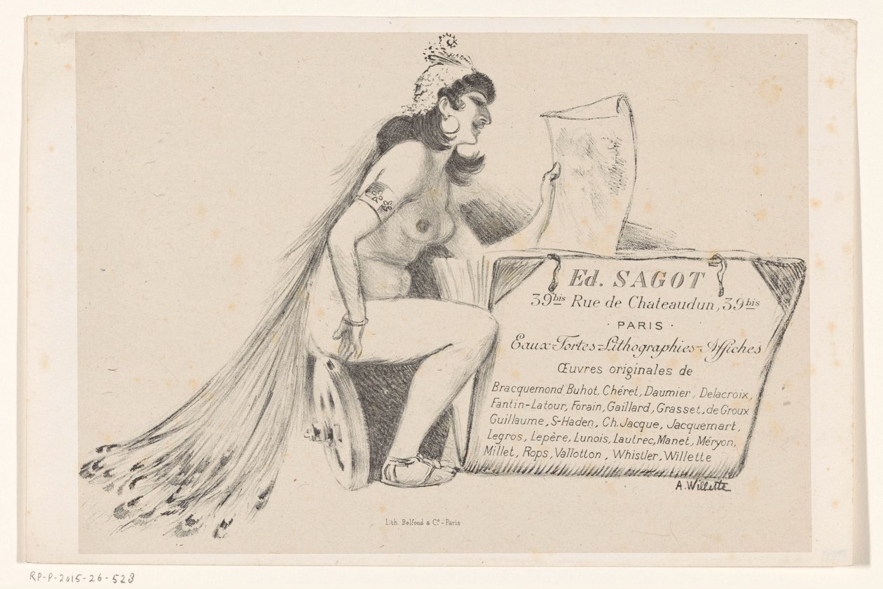Vizitka obchodníka s tiskem Edmonda Sagota v Paříži od Adolphe Leon Willette