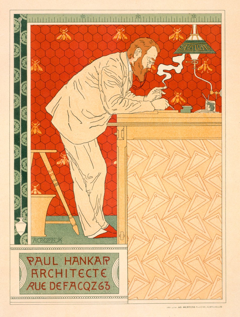 Reprodukce plakátu propagujícího architektonickou praxi Paula Hankara, 1894 od Adolphe Louis Charles Crespin