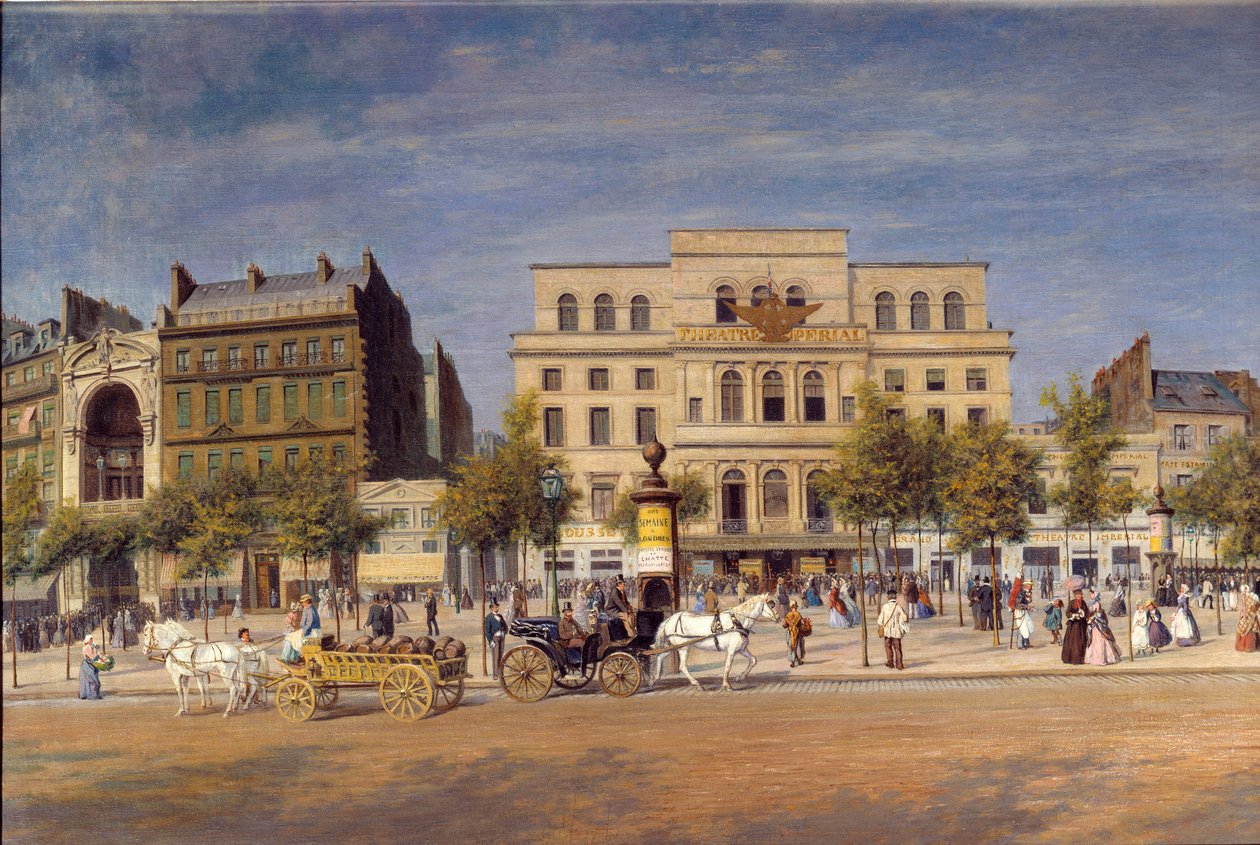 Celkový pohled na divadla boulevard du temple před proražením bulváru Prince Eugene, detail pařížských Caleches před Císařským divadlem. Obraz Adolphe Potemont (1828-1883) od Adolphe Martial Potemont