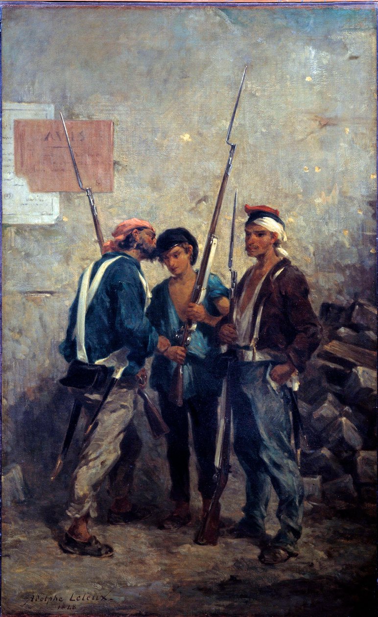 Revoluce z roku 1848: „“heslo““““ Pařížské povstání procházejí kolem barikád v den 24.2.1848. Obraz Adolphe Pierra Leleuxe (1812-1891) 1848 Sun. 0,93 x 0,58 m od Adolphe Pierre Leleux