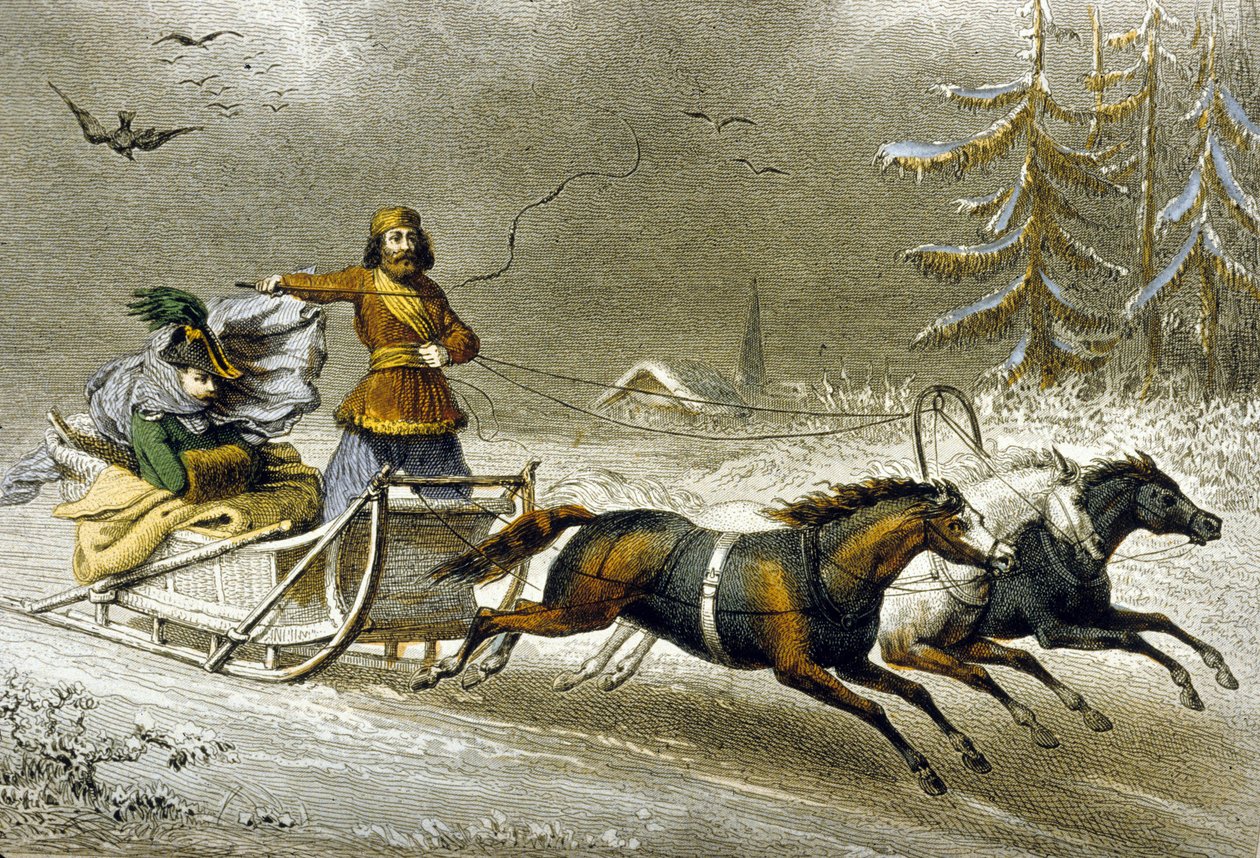 A Sled in the Snow, Russia (barevná rytina) od Adolphe Rouargue