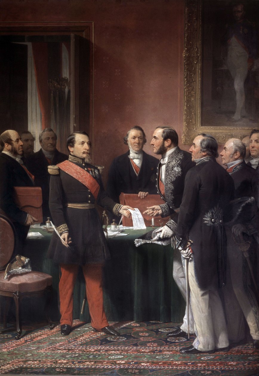Francouzský císař Napoleon III dává baronu Haussmannovi dekret o anexi předměstských měst v Paříži v červnu 1859 od Adolphe Yvon