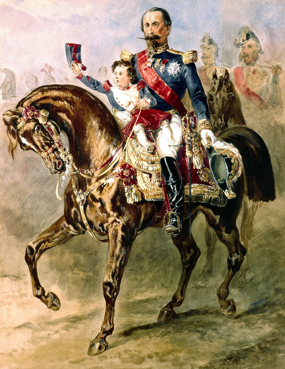 Napoleon III se svým synem Ludvíkem Napoleonem na koni od Adolphe Yvon