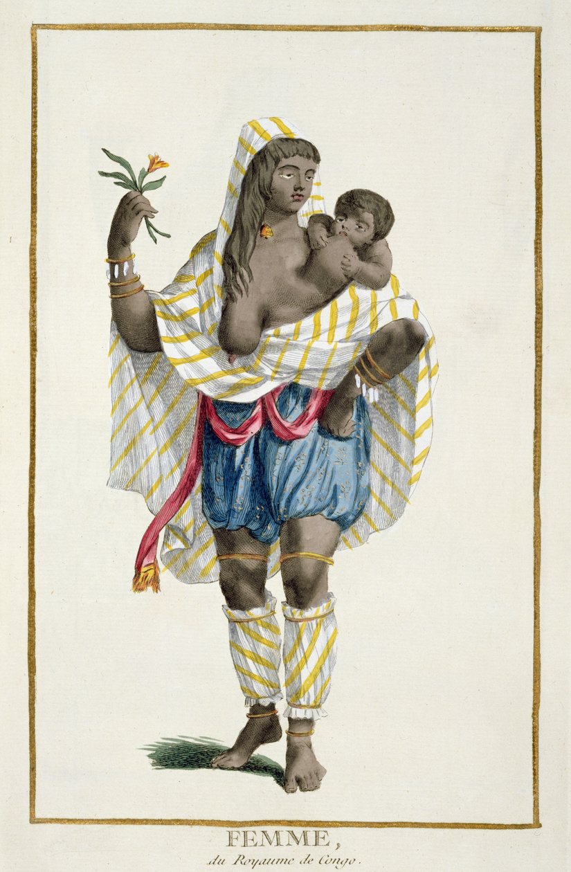 Žena z Konga, z "Receuil des Estampes, representant les Rangs et les Dignites, suivant le Costume de toutes les Nations existantes", vyryl Pierre Duflos (1742-1816), vydáno 1780 (ha od Adriaan Schoonebeek