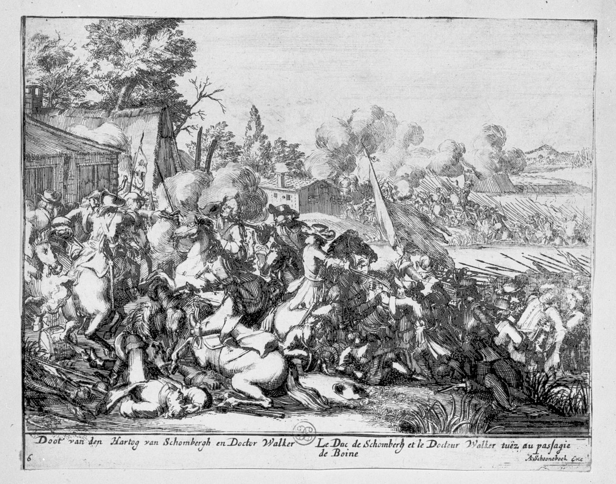 Vévoda de Schomberg a doktor Walker jsou zabiti v bitvě u Boyne v roce 1690 od Adriaan Schoonebeek