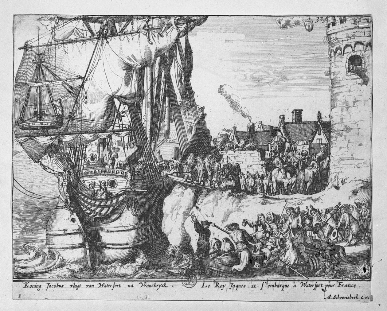 Král Jakub opouští Irsko po porážce v bitvě u Boyne v roce 1690 od Adriaan Schoonebeek