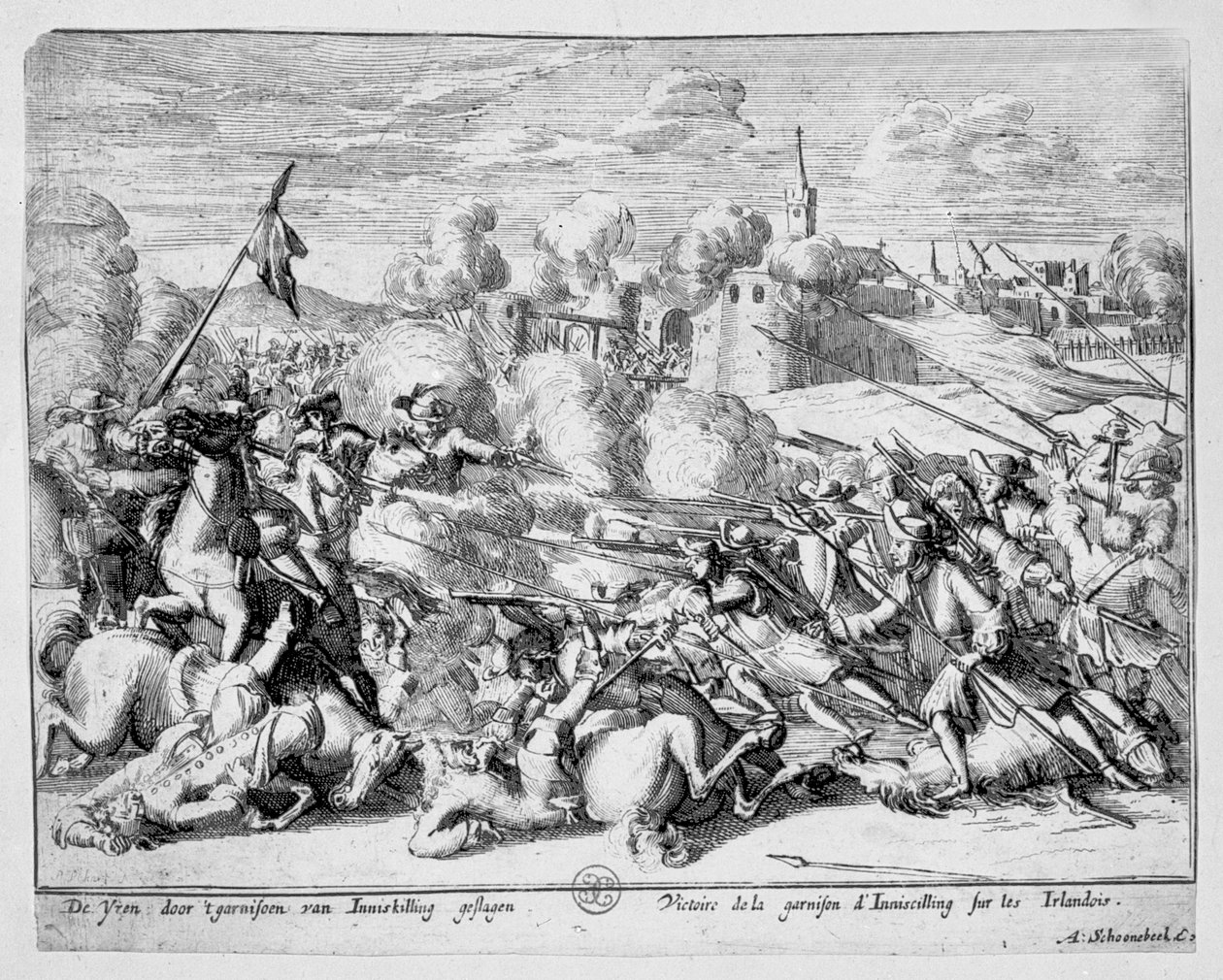 Posádka v Enniskillen brání město před Jakubem II., 1689 od Adriaan Schoonebeek