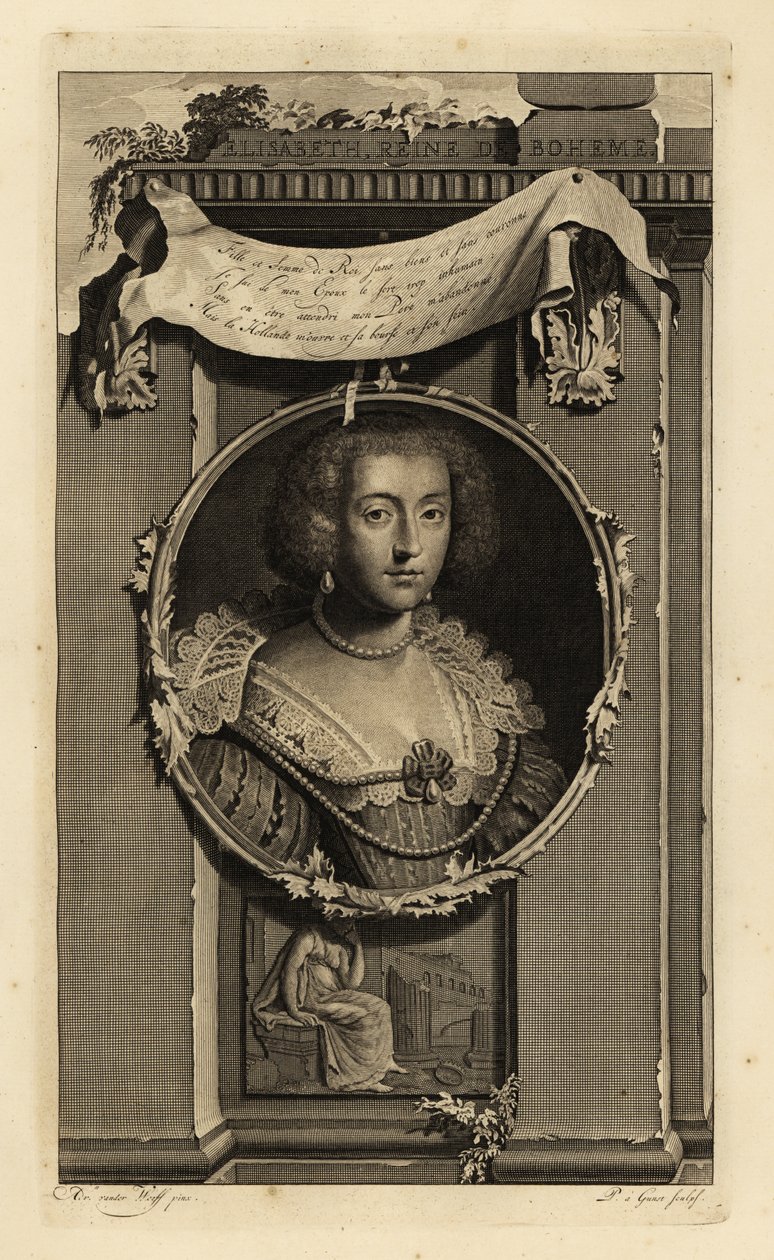 Alžběta Stuartovna, česká královna, falcká kurfiřta, manželka Fridricha V., zimního krále. Elisabeth, Reine de Boheme. V šatech s přiměřenými seříznutými rukávy, krajkový límec s perlami. Viněta ženy uvažující o padlé koruně. Mědirytina od Adriaan van der (after) Werff