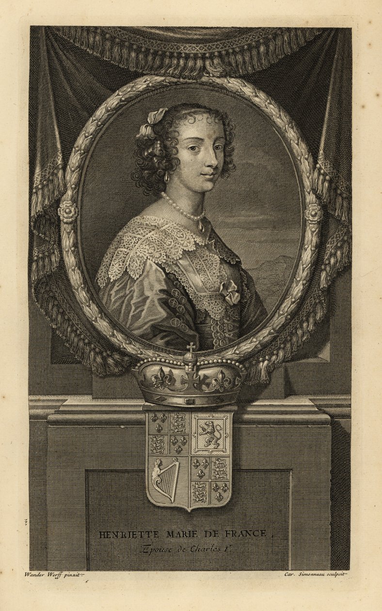 Henrietta Maria Francouzská, manželka anglického krále Karla I. Henriette Marie de France. V šatech s krajkovým límcem, perlový náhrdelník. S korunou a erbem. Mědirytina Charlese Simonneaua podle Adriaena van der Werffa z H od Isaaca de Larreyho od Adriaan van der (after) Werff