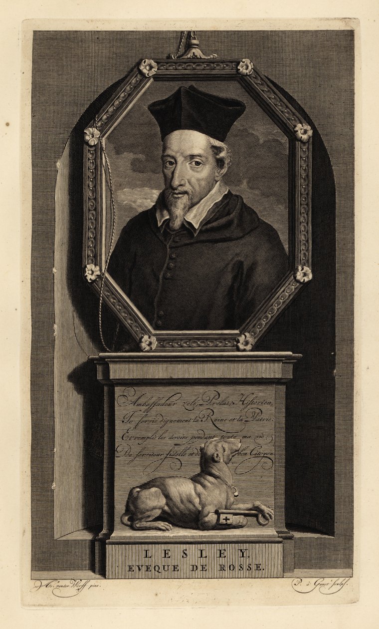 John Lesley, skotský historik a biskup z Ross. biskup z Rosse. Pes s klíčem. Mědirytina Pietera Stevense van Gunsta podle Adriaena van der Werffa z Histoire d