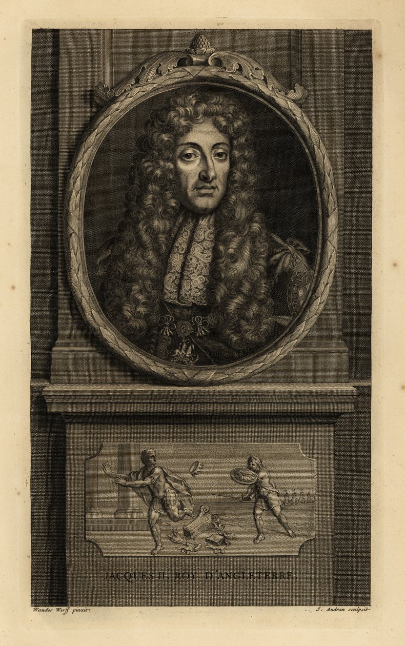 Englannin kuningas James II, Skotlannin James VII, Jacques II Roy d’Angleterre. Peruukki, pitsihuivi, ketju Pyhän Yrjön ja lohikäärmeen hahmolla. Vinjetti näyttää Rooman keisarin menettävän kruununsa sotilaalle. Jean Audranin kuparikaiverrus mainoksen jälk od Adriaan van der (after) Werff
