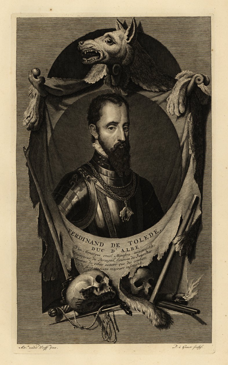 Portrét Ferdinanda Alvareze de Toledo y Pimentel, 3. vévody z Alby, neboli železného vévody. V brnění s řetězem řádu Zlatého rouna. S vlčí kůží, lidskými lebkami, mečem, dýkou a křesadlovou pistolí. Ferdinand de Tolede, vévoda d
