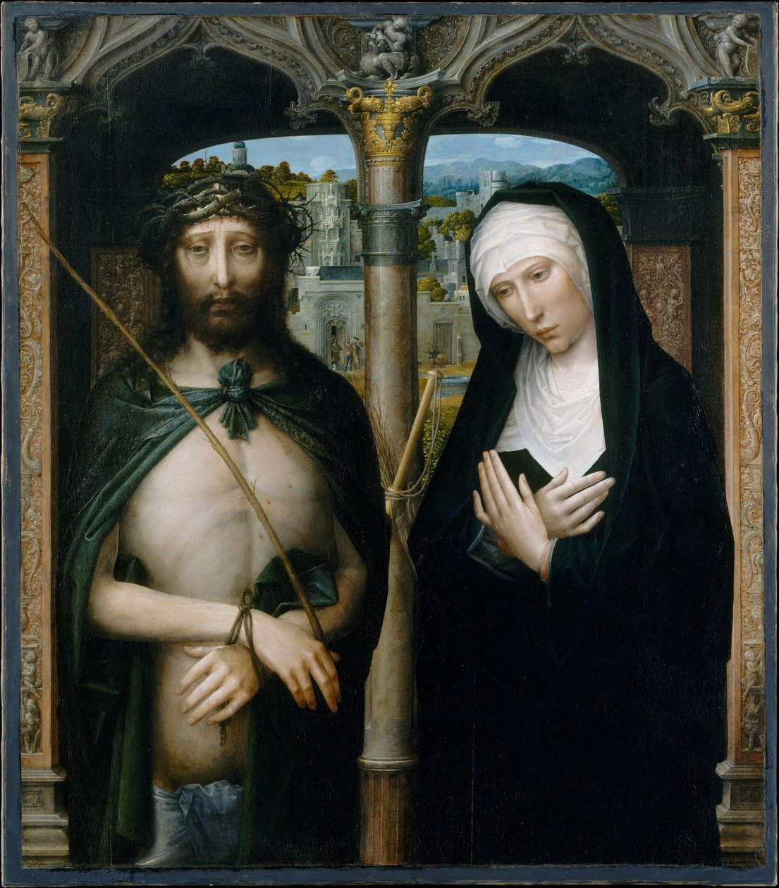 Kristus korunovaný trním (Ecce Homo) a Truchlící panna od Adriaen Isenbrandt or Isenbrant