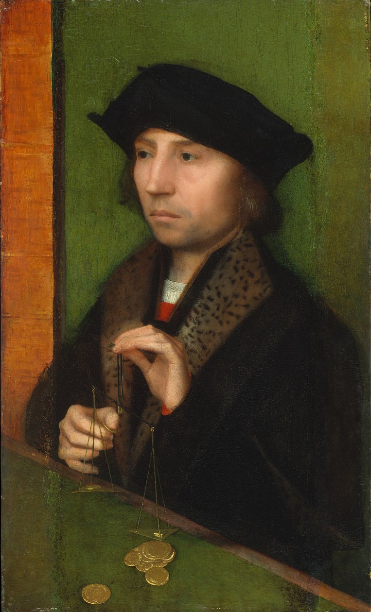 Muž vážící zlato, kolem 1515-20 od Adriaen Isenbrandt or Isenbrant
