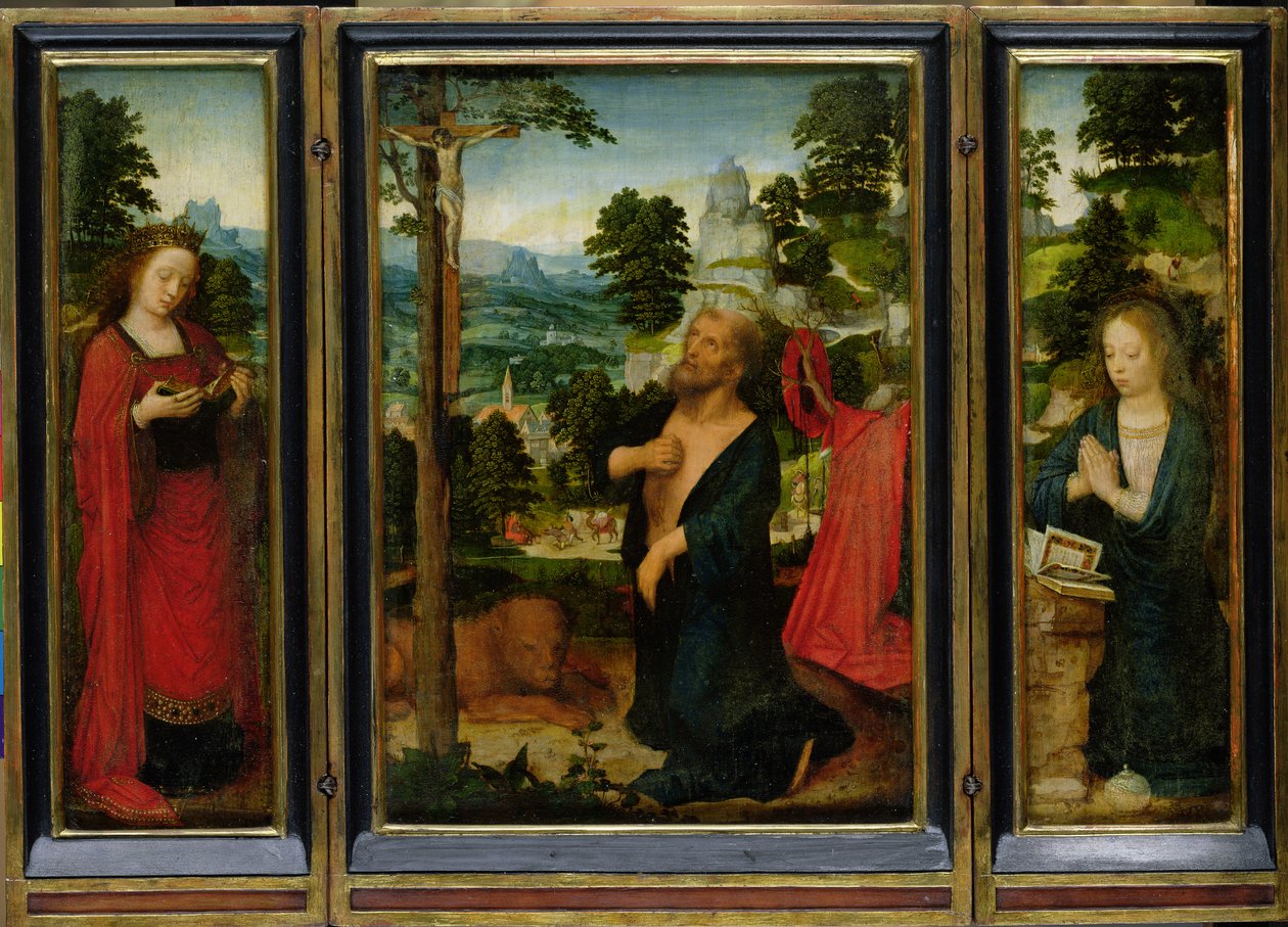 Triptych se svatým Jeronýmem, svatou Kateřinou a Marií Magdalenou od Adriaen Isenbrandt or Isenbrant