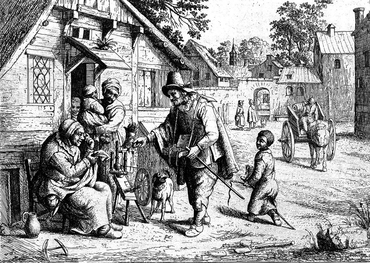 Brýlový pedál ukazující své zboží staré ženě od Adriaen Jansz. van Ostade
