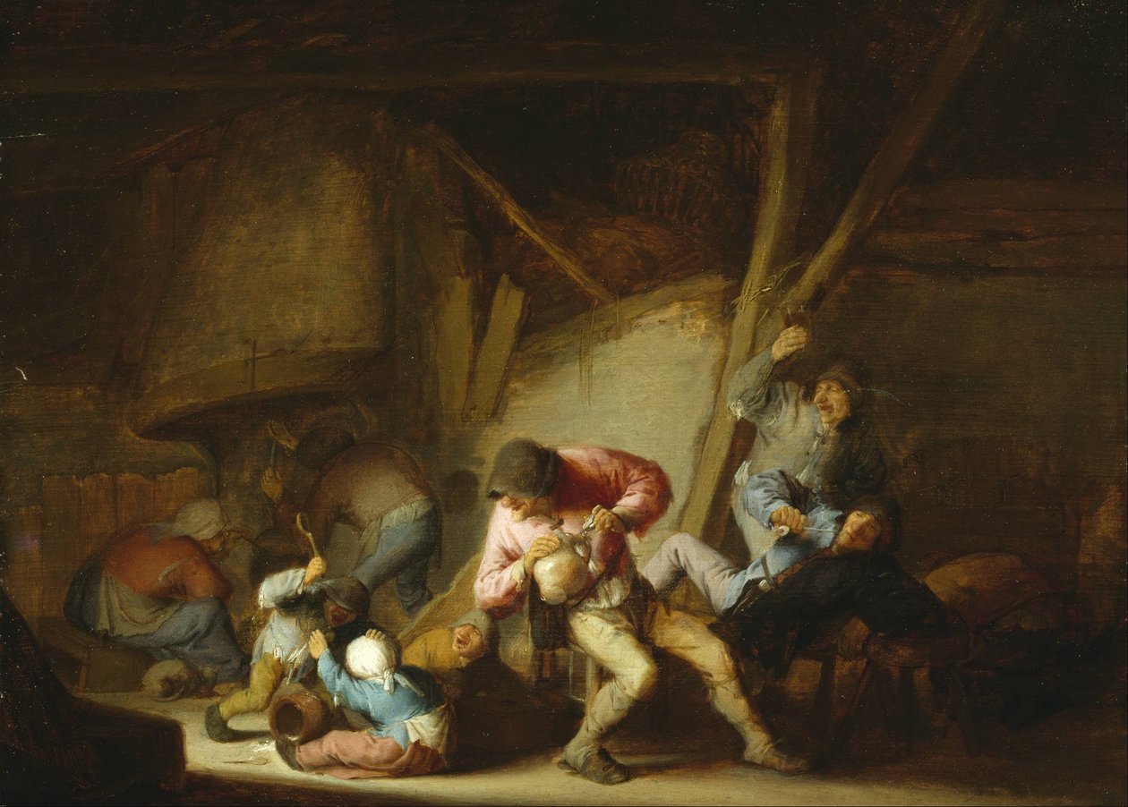 Interiér s pijícími postavami a plačícími dětmi od Adriaen Jansz. van Ostade