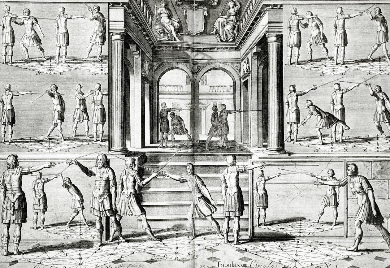 Lekce šermu (černobílá fotografie) od Adriaen Matham