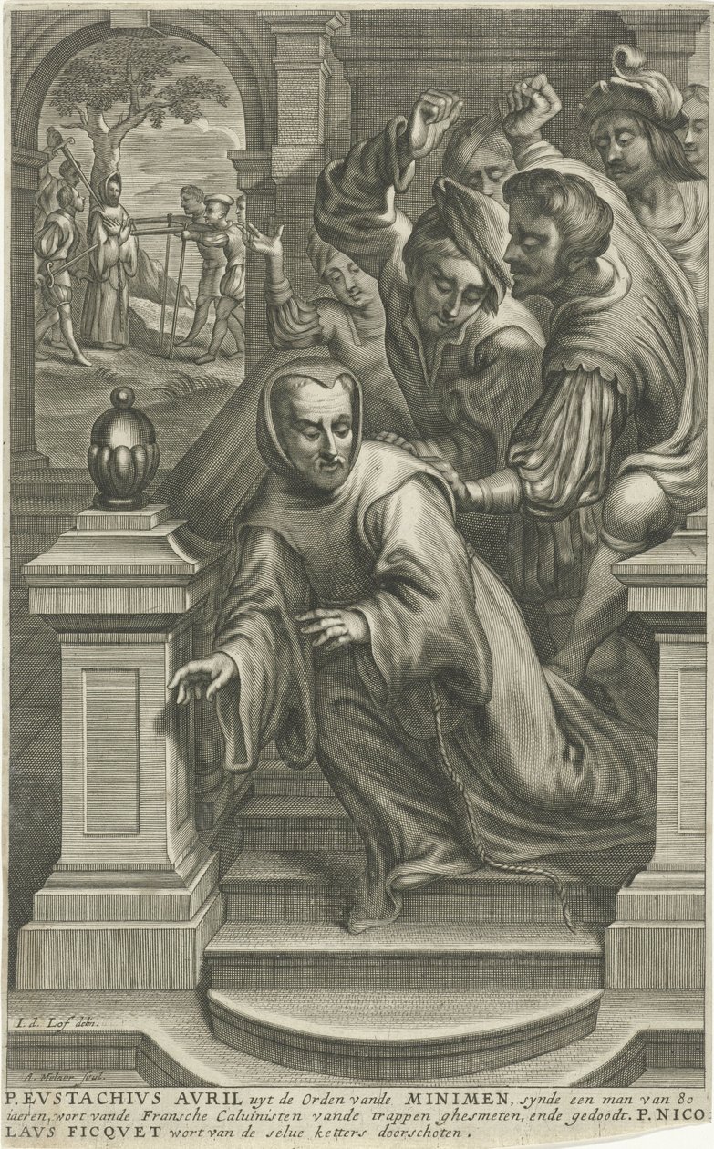 Eustachius Avril svržen kalvinisty ze schodů od Adriaen Millaert