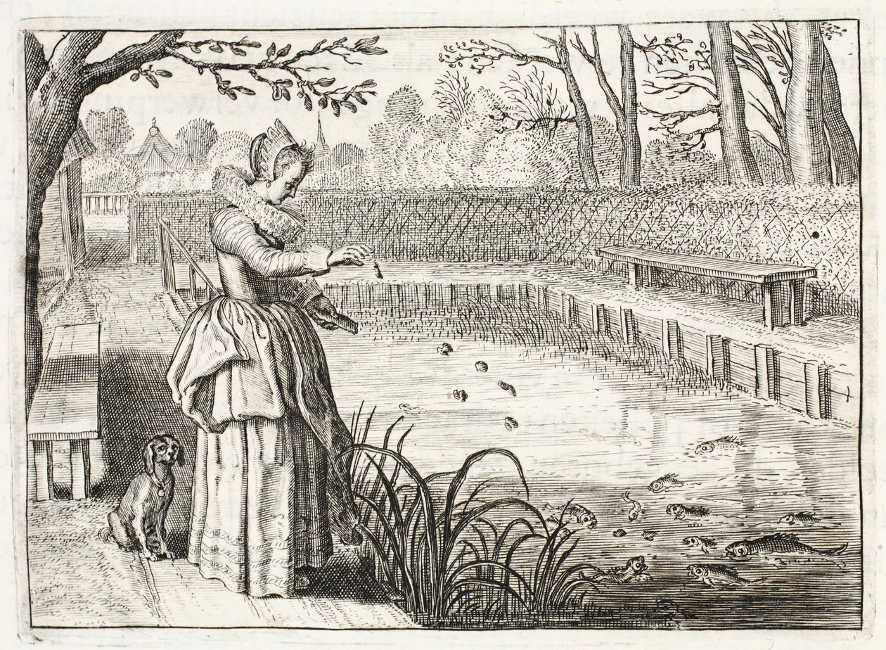 Krmení ryb, ilustrace z „Emblemata of Zinne-werk“ od Johannese de Brune (1589-1658), Jana Jacobse Schippera, Amsterdam, 1661 od Adriaen Pietersz van de Venne